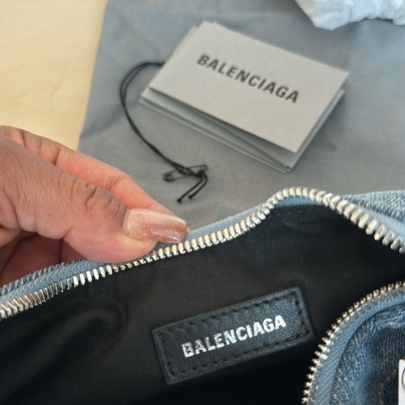 BALENCIAGA 
WOMEN'S LE CAGOLE XS SHOULDER BAG DENIM IN BLUE WITH CRYSTALS - Picture 9 of 14